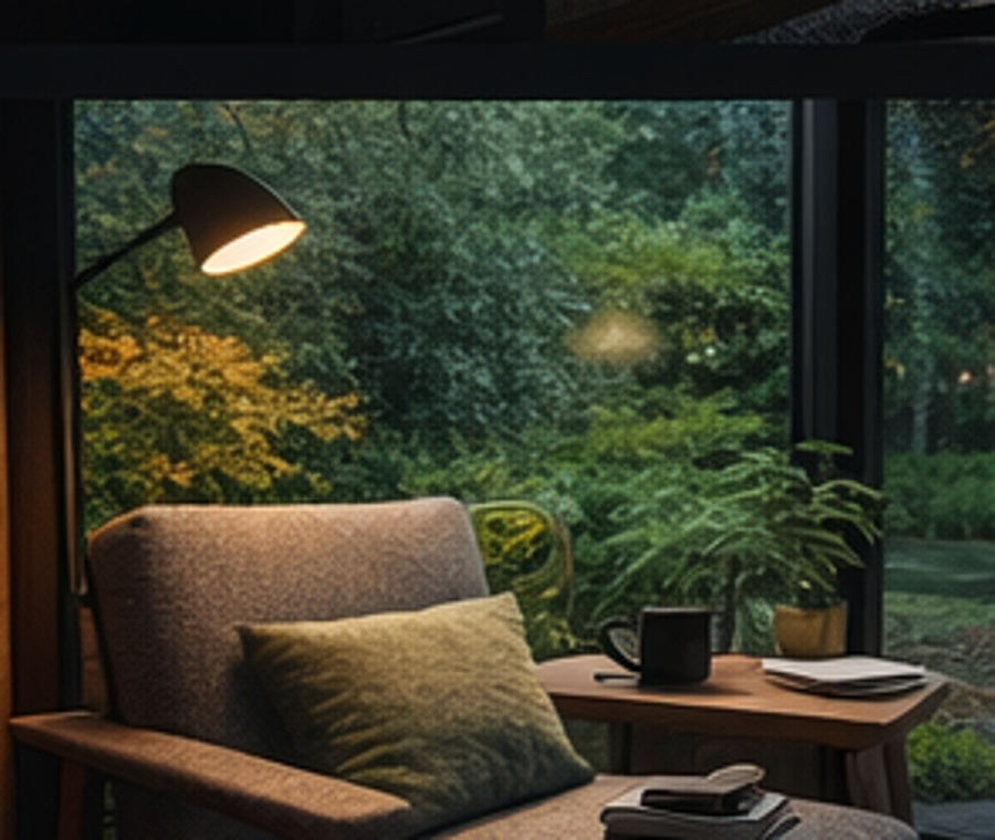 Workscape interior — lounge corner by the window